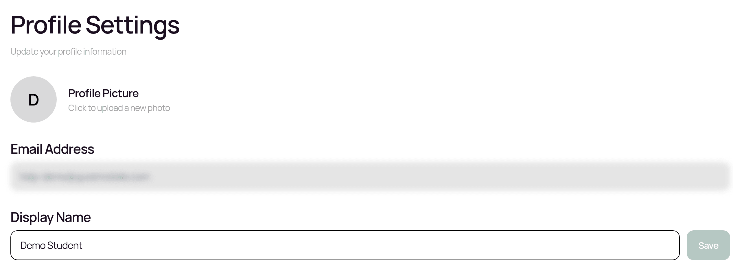 Settings, Account tab: Profile Settings with the profile picture, the email address (hidden here) and the Display Name with a Save button