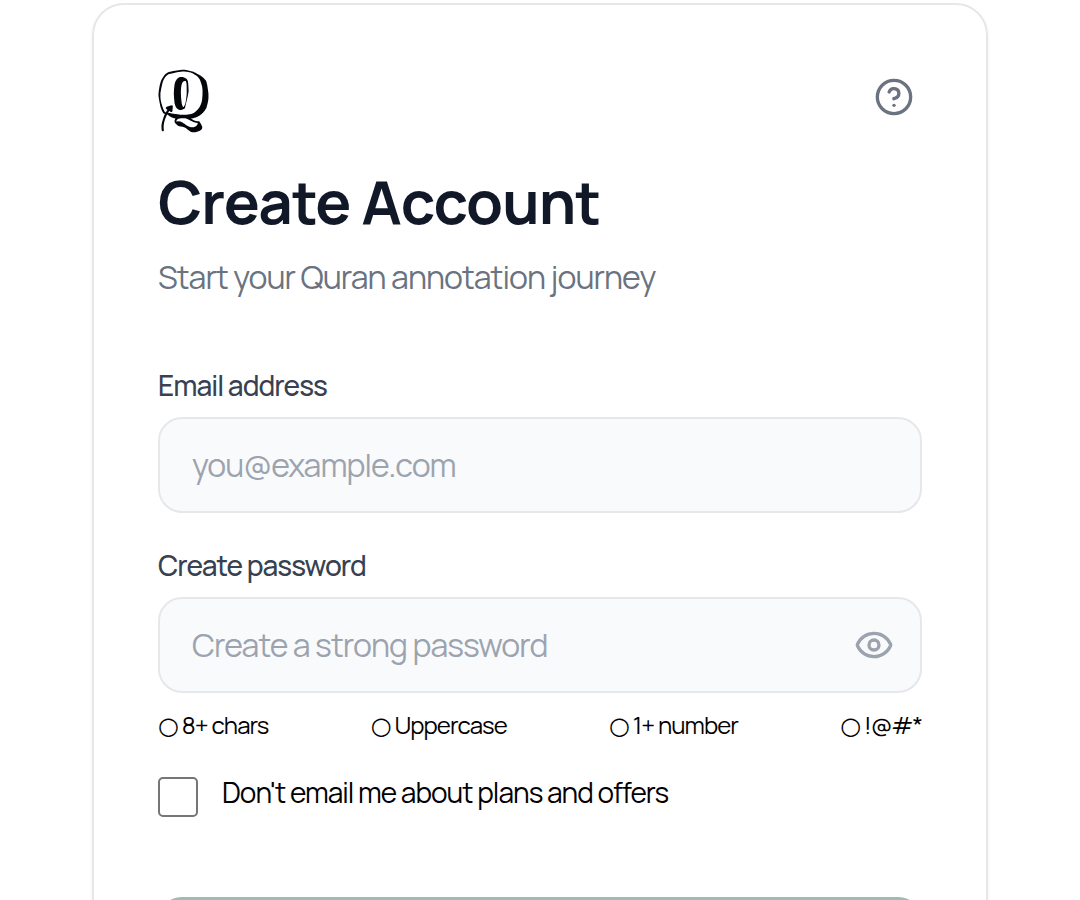 The Create Account screen: email address, password with its rules, an optional box to opt out of plan emails, Create Account, and Apple, Google or Quran Foundation sign-up