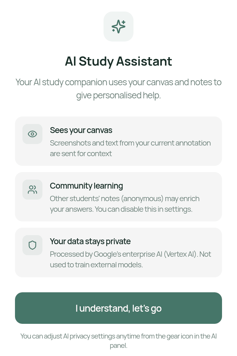 The first-time AI Study Assistant screen: Sees your canvas, Community learning (can be turned off in settings) and Your data stays private