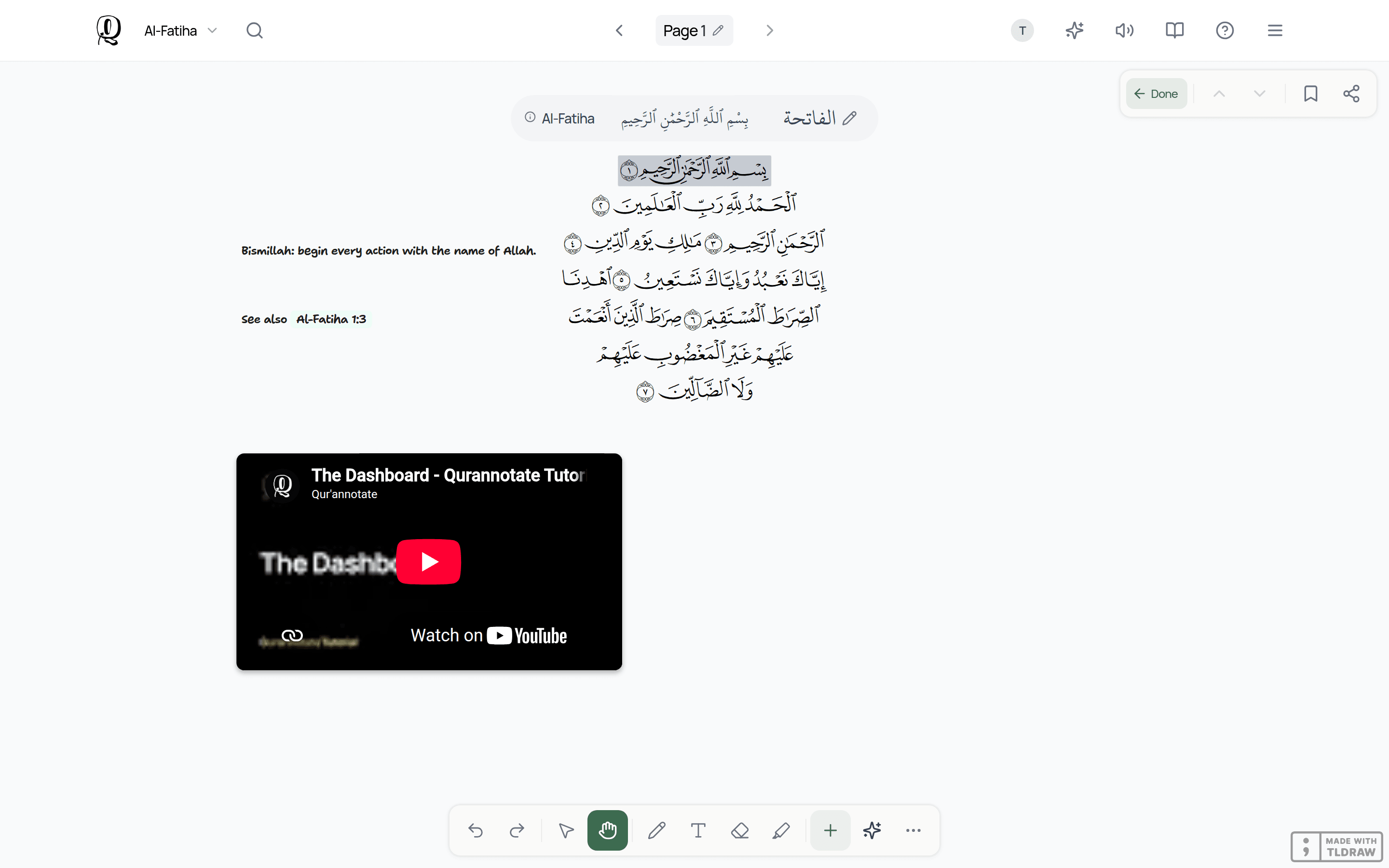 A verse note open on the Bismillah: a typed note, a link pill and an embedded video beside the surah, with the tool bar at the bottom