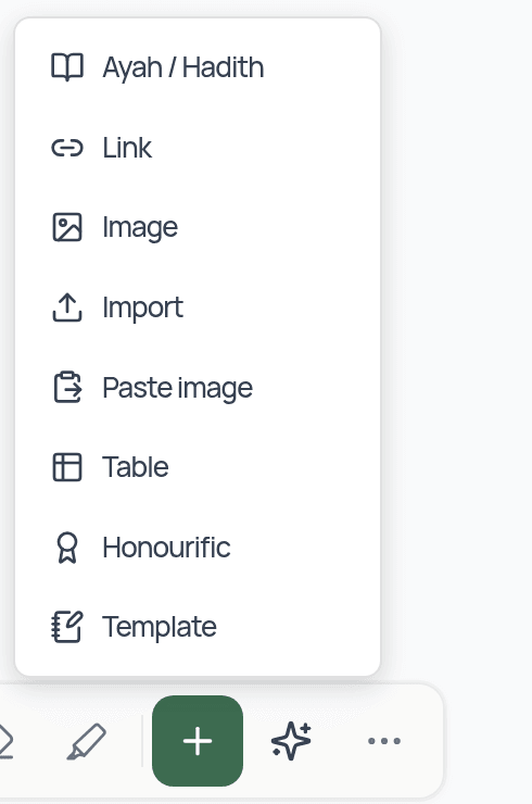 The Insert menu: Ayah / Hadith, Link, Image, Import, Paste image, Table, Honourific and Template