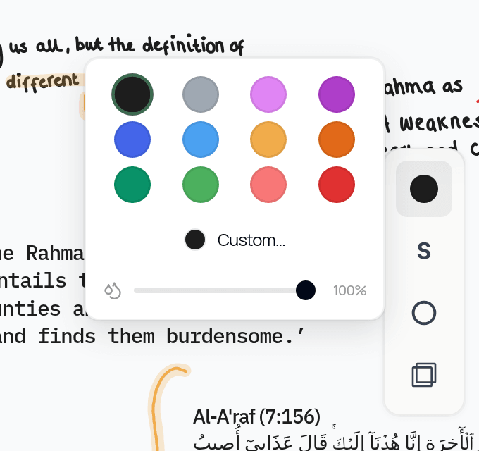 The style panel's colour section: 12 colours, Custom, and the opacity slider