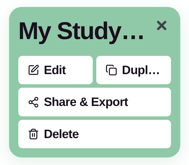 A card's menu open, showing Edit, Duplicate, Share & Export and Delete