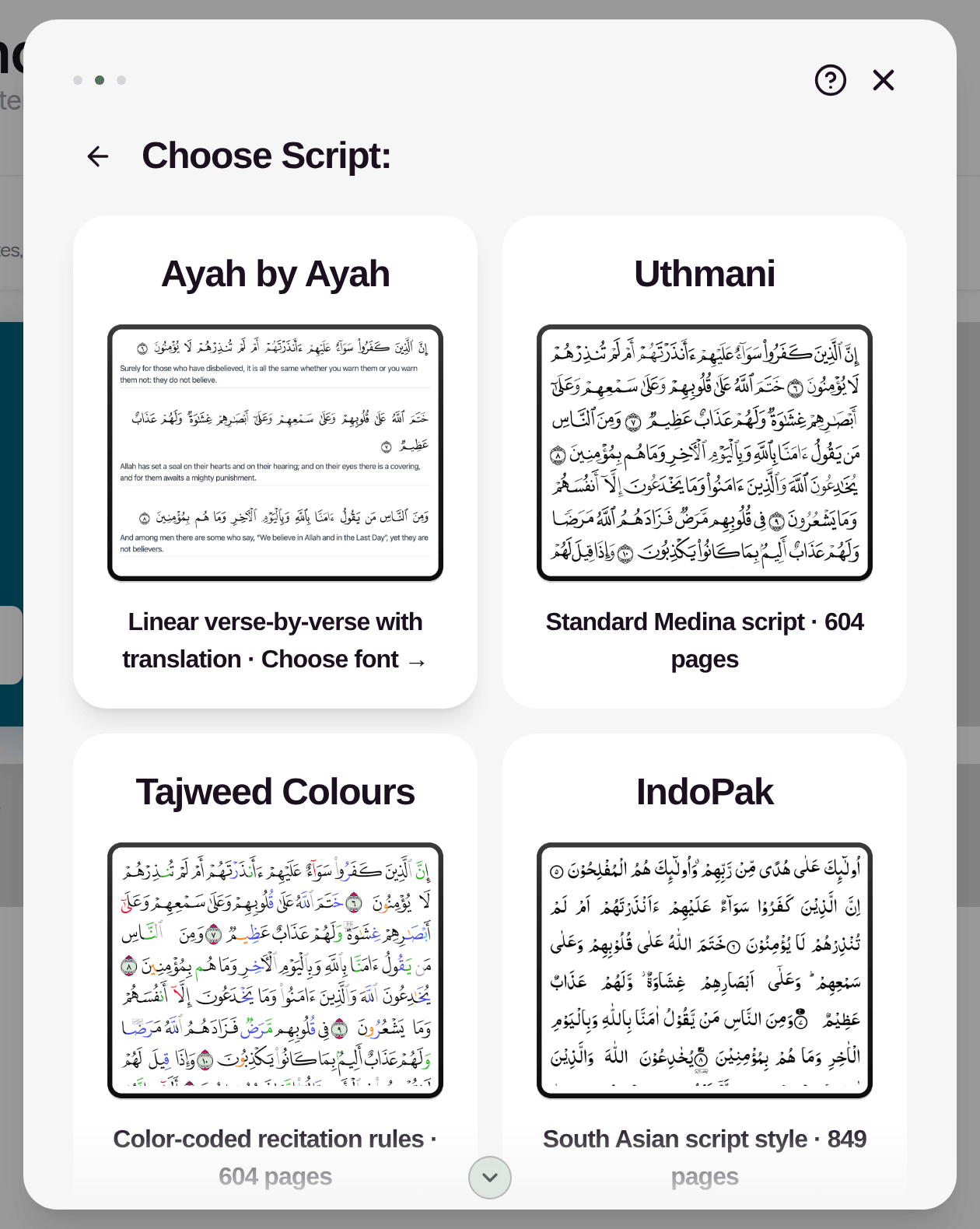 Choose Script, showing Ayah by Ayah, Uthmani, Tajweed Colours and IndoPak with a preview of each