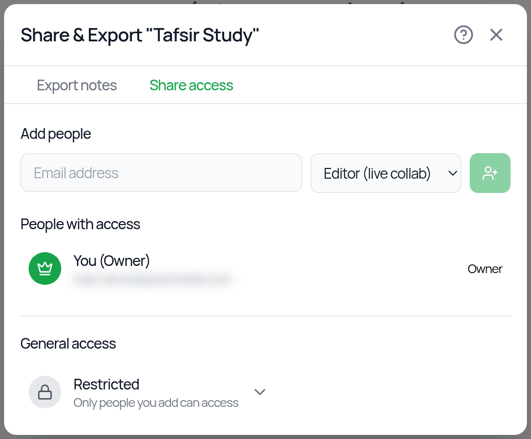 The Share access tab: Add people with an email address and the Editor (live collab) role, and General access set to Restricted