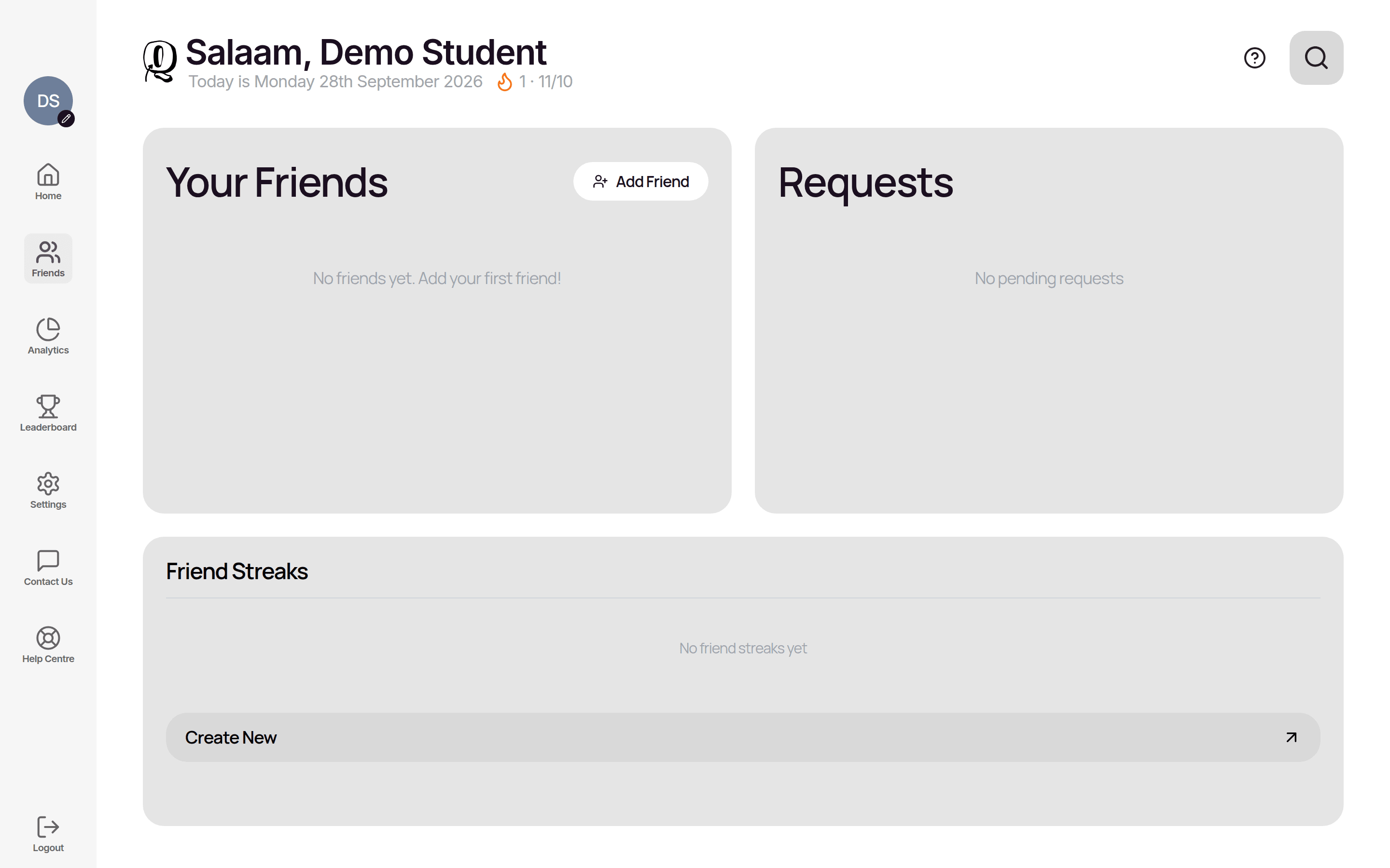 The Friends page: Your Friends with an Add Friend button, Requests, and Friend Streaks with Create New