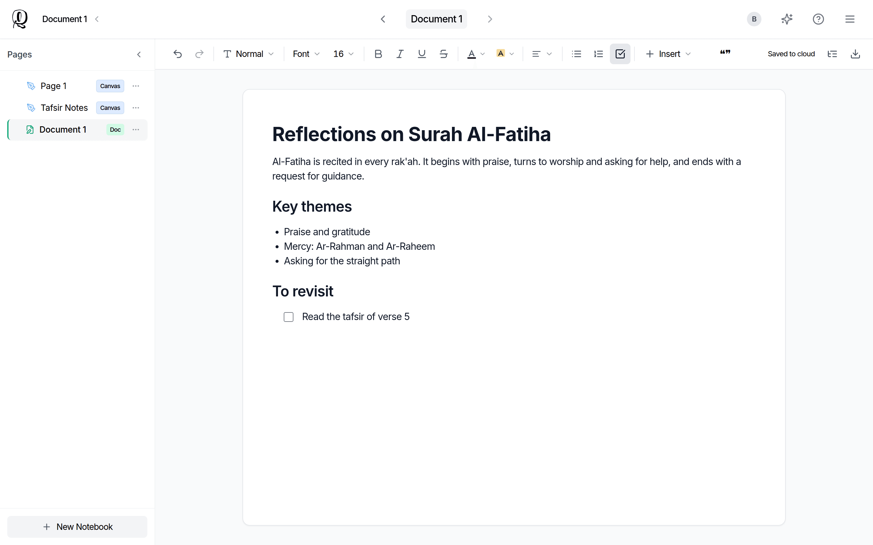 A Document with typed headings, a paragraph and lists, and the text formatting toolbar along the top. There are no drawing tools