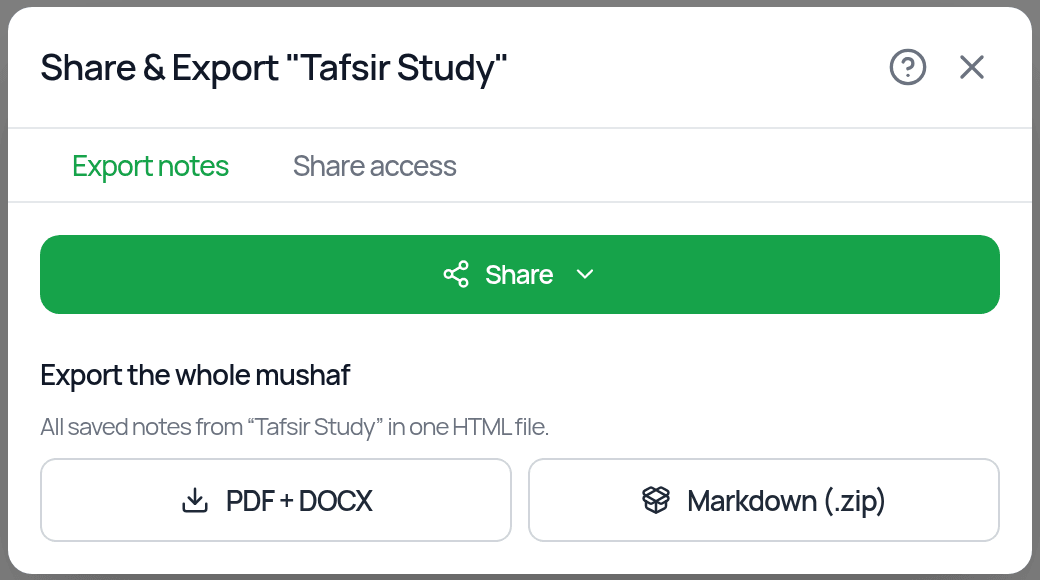 The Export notes tab: a Share button, then Export the whole mushaf with PDF + DOCX and Markdown (.zip)