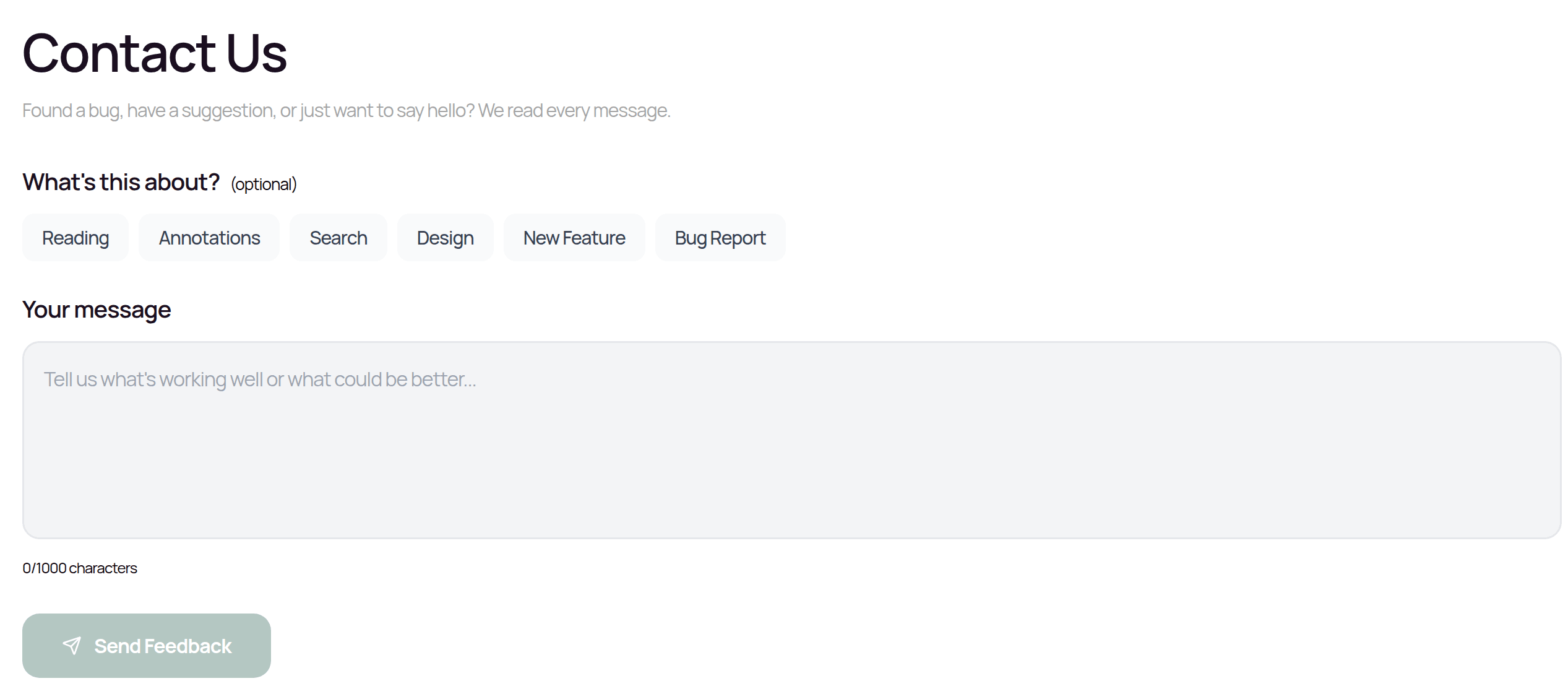 Contact Us: topic buttons (Reading, Annotations, Search, Design, New Feature, Bug Report), a message box and a Send Feedback button