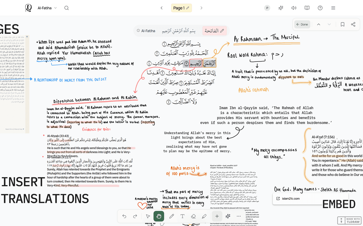 A note canvas open on Surah Al-Fatiha, full of handwriting, inserted ayahs and highlights, with the tool bar along the bottom