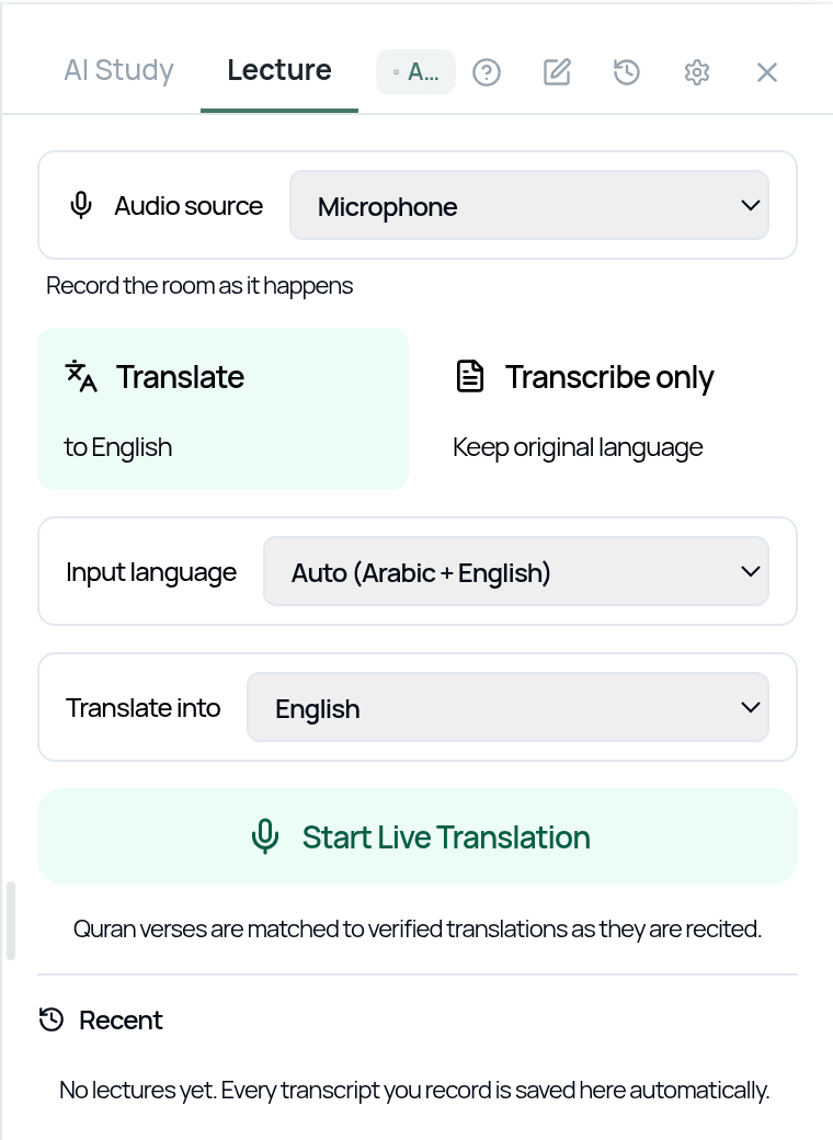The Lecture tab: Audio source (Microphone), Translate or Transcribe only, Input language Auto (Arabic + English), Translate into English, and Start Live Translation