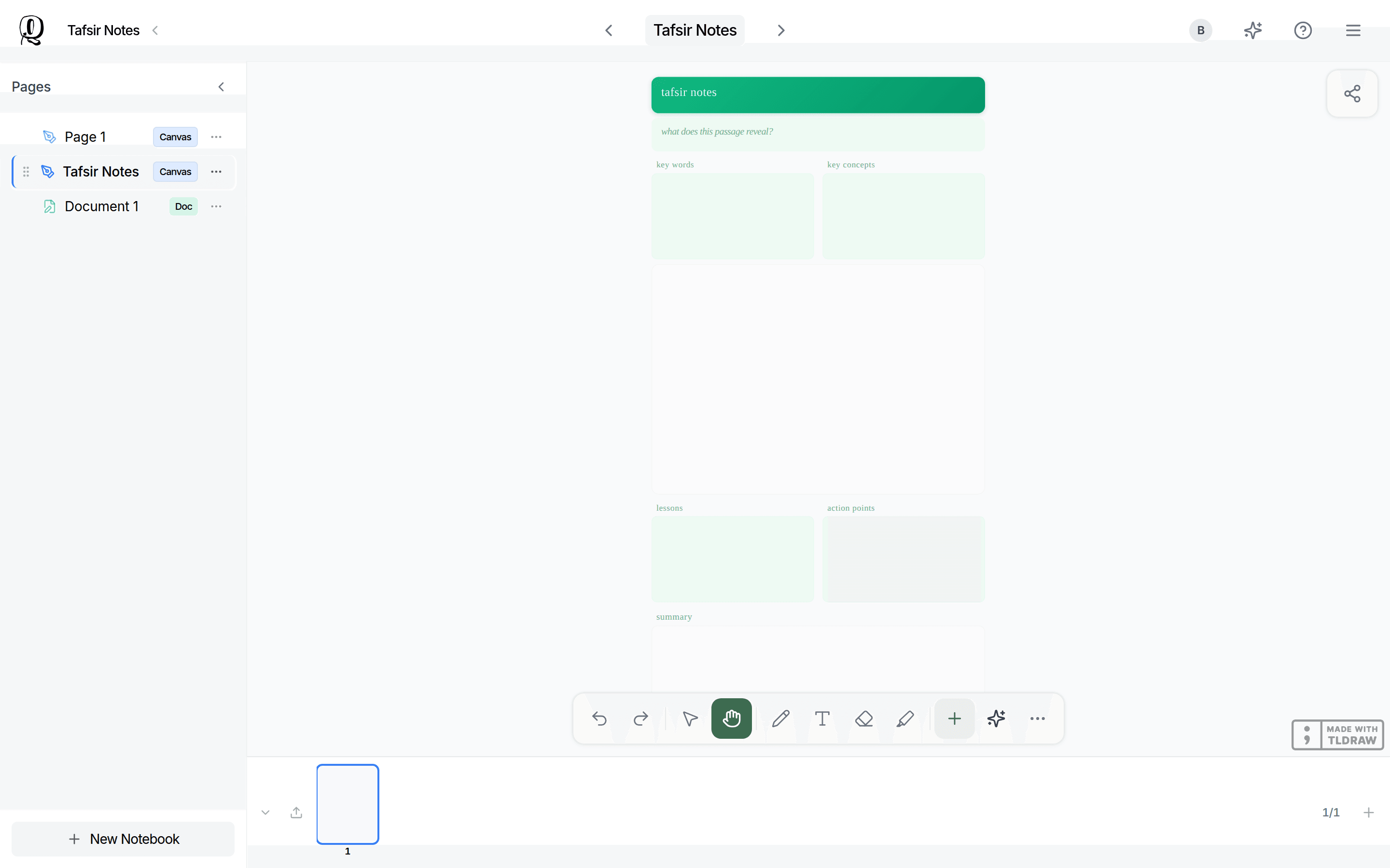 A notebook with its sidebar open on the left, listing Page 1, Tafsir Notes and Document 1 with a New Notebook button at the bottom, and the Tafsir Notes template page open