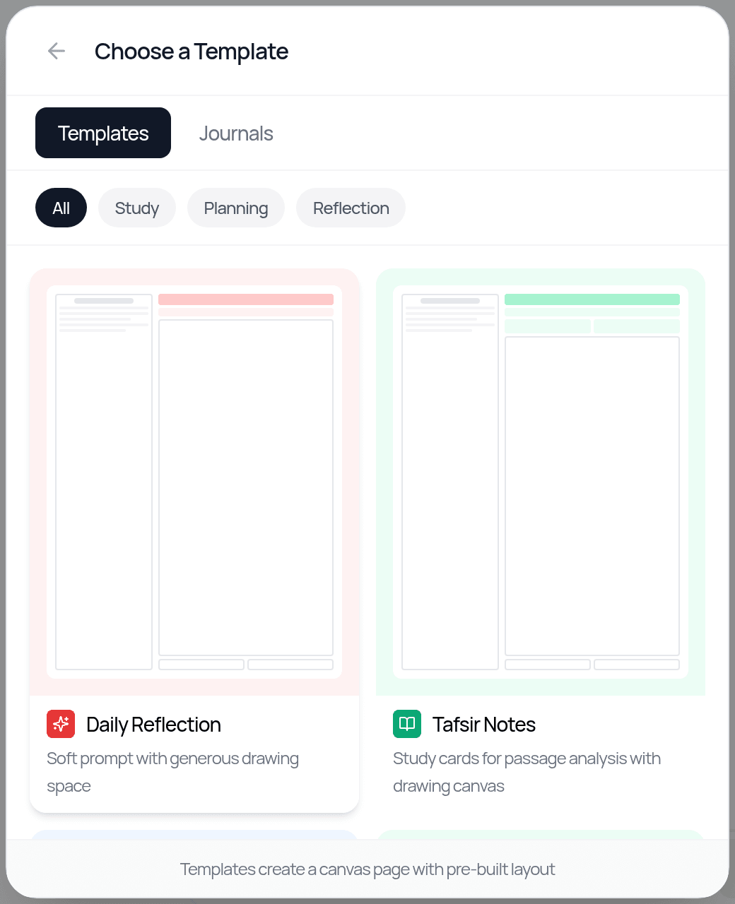 Choose a Template: Daily Reflection, Tafsir Notes and more, filtered by All, Study, Planning or Reflection