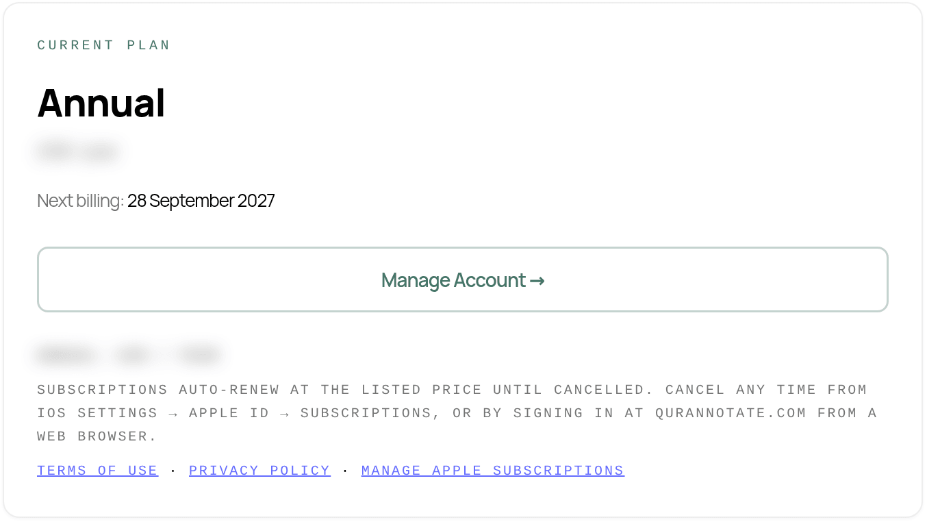 The Current Plan card in Settings, Plan, showing an Annual plan, the next billing date and a Manage Account button (price hidden)