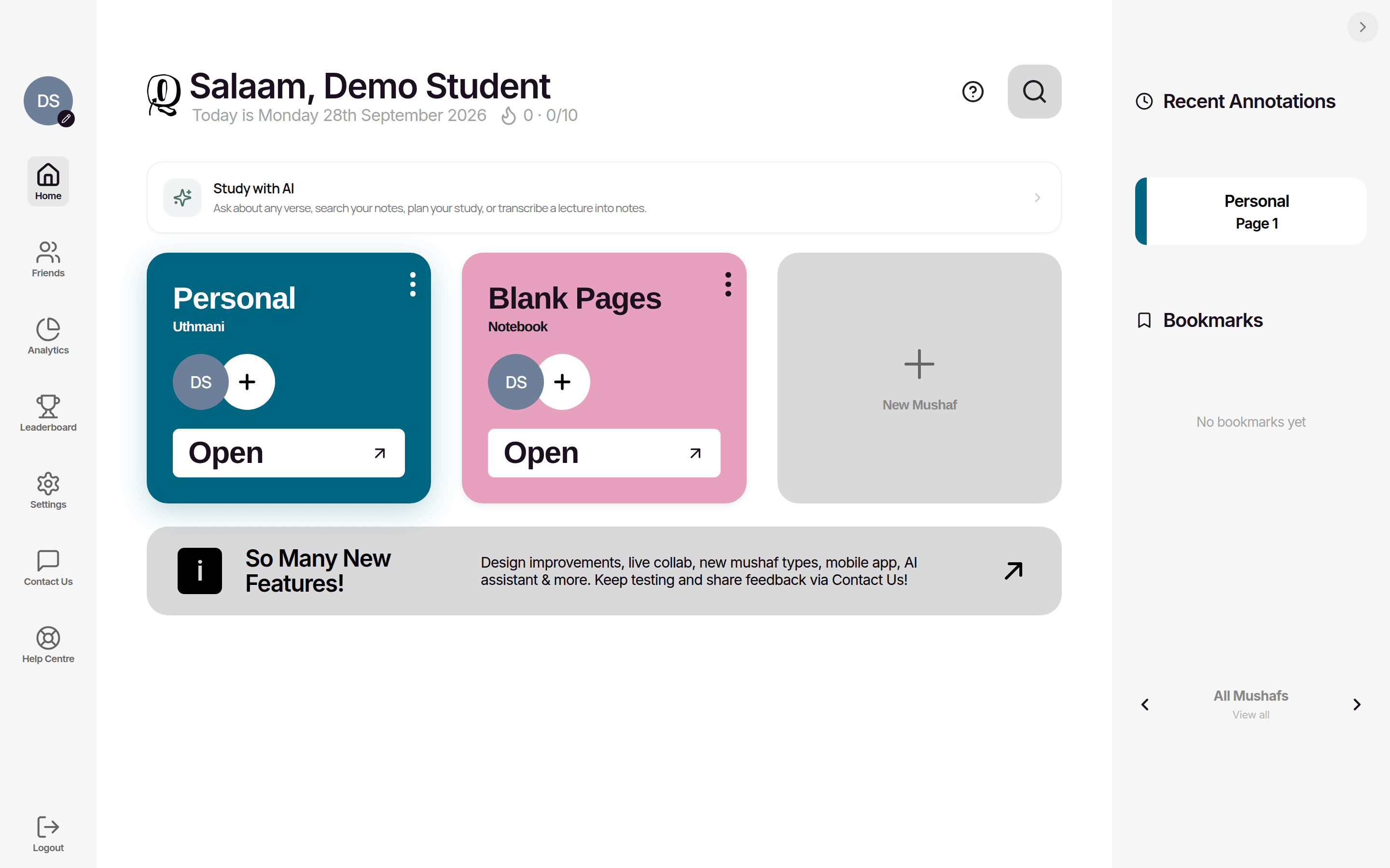 Qurannotate open in a web browser, showing the dashboard