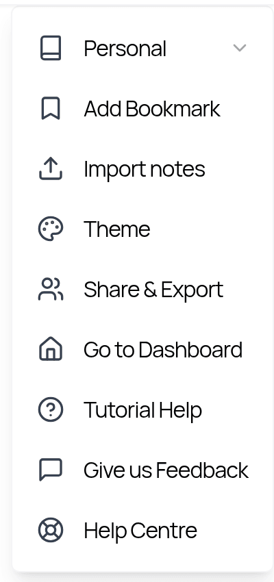 The header's More actions menu with Add Bookmark, Import notes, Theme, Share & Export, Go to Dashboard, Tutorial Help, Give us Feedback and Help Centre